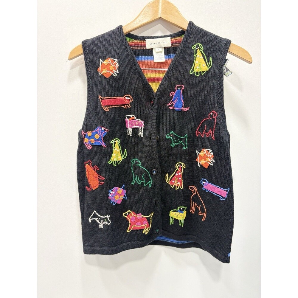 Vintage Susan Bristol Embroidered Sweater Vest with Colorful Dog Patterns S NWT